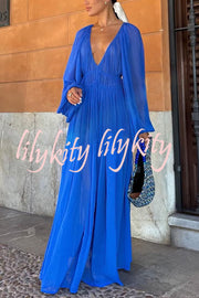 Blue Gemstone Chiffon Ruched Gathered Waist Maxi Dress