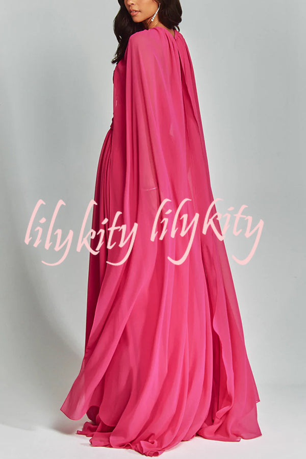 Romantic Party Chiffon Off Shoulder Sweetheart Neck Ruched Cape Maxi Dress