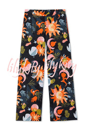 Evening Routine Unique Print Color-block Trim Loose Shirt and Elastic Waist Pocketed Pajama Set