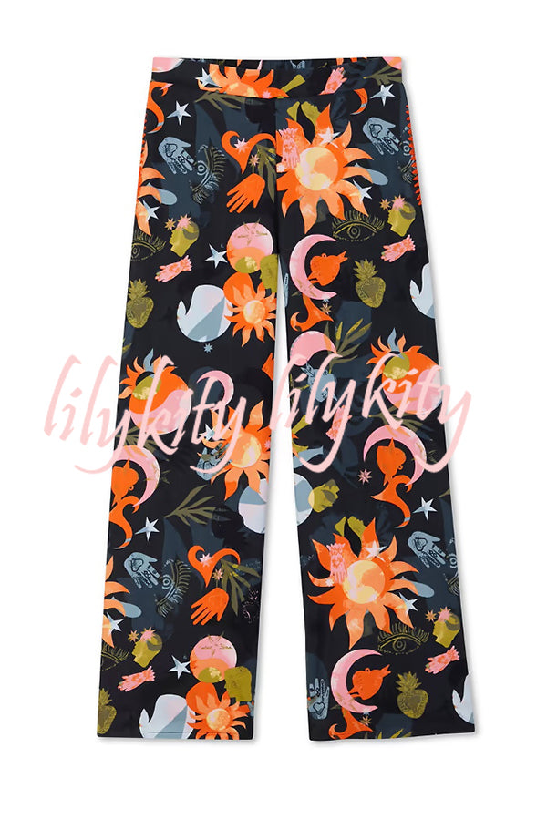 Evening Routine Unique Print Color-block Trim Loose Shirt and Elastic Waist Pocketed Pajama Set