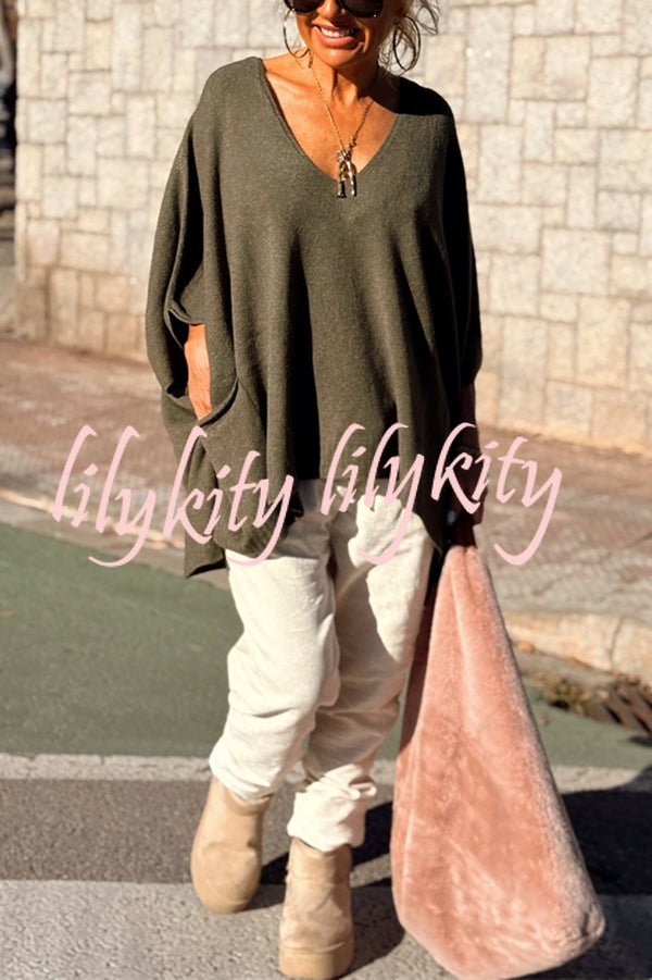 Fashion V-neck Loose Pocket Mid-length Knitted Sweater