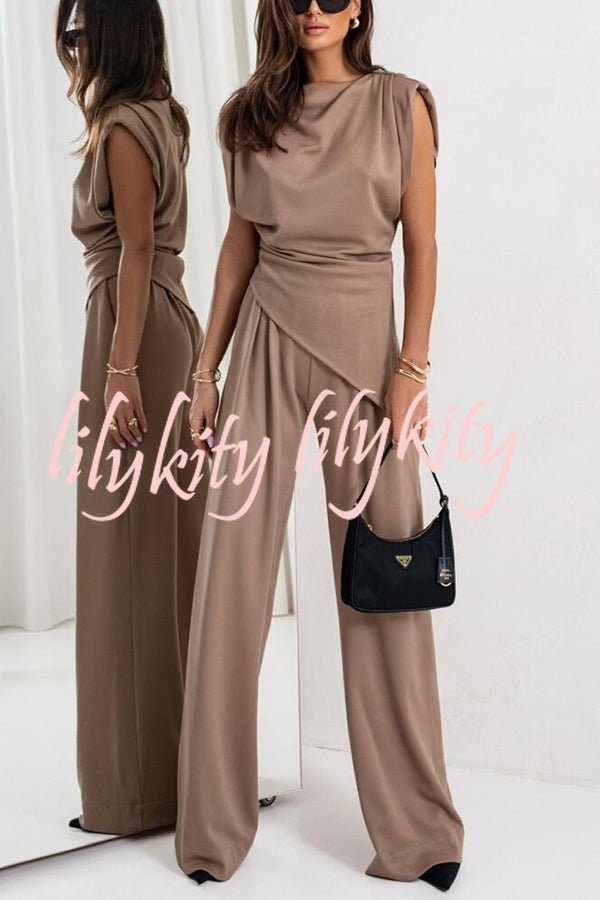 Jordy Ruched Shoulder Slit Top and Elastic Waist Pocketed Wide Leg Pants Set