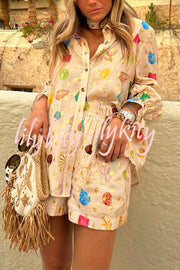 Fashionable Gold Stamping Unique Printing Lapel Long Sleeve Shirt and Elastic Waist Casual Pocket Shorts Set