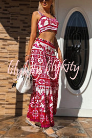 Unique Printed Sexy Sling Tank and Elastic Waist Large Hem Maxi Skirt Set