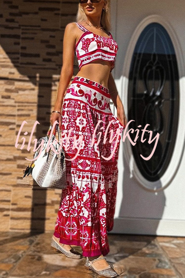 Unique Printed Sexy Sling Tank and Elastic Waist Large Hem Maxi Skirt Set