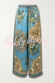 Satin Floral Print Loose Shirt and Elastic Waist Pocket Casual Wide-leg Pants