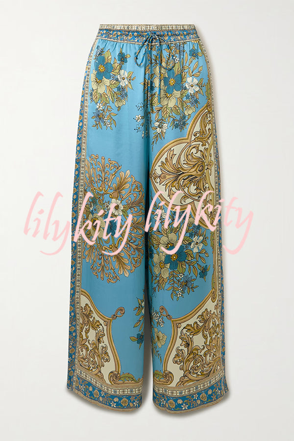 Satin Floral Print Loose Shirt and Elastic Waist Pocket Casual Wide-leg Pants