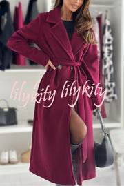 Solid Color Lapel Long Sleeve Waist Tie Long Coat