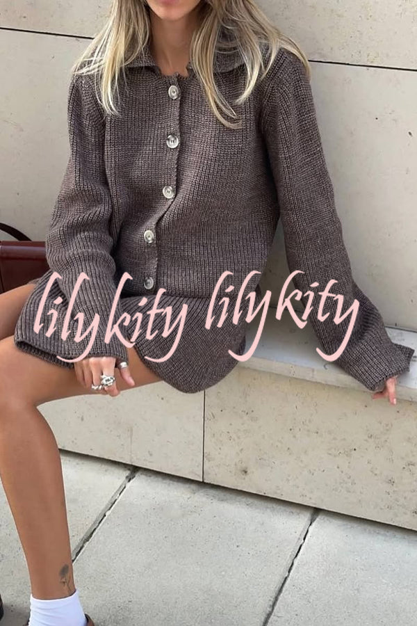 Fashion Lapel Bell Sleeve Knitted Cardigan and Casual Mini Skirt Set