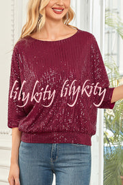 Solid Color Sequined Loose Round Neck Casual Top