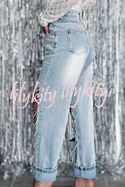 Casual Pocket Ripped Chain Embellished Straight Jeans