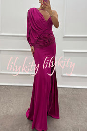 Like Venus One Shoulder Bat Sleeve Ruched Detail Slit Gown Maxi Dress