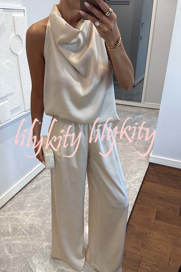 Classic on You Satin High Cowl Neck Top and Elastic Waist Pocket Loose Pants Set