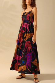 Unique Printed Sling Back Pleated Loose Holiday Maxi Dress