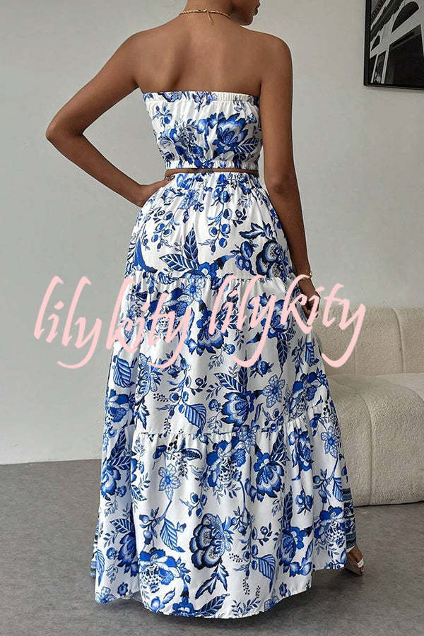 Floral Print Cutout Bandeau Top and Elastic Waist Full Maxi Skirt Set