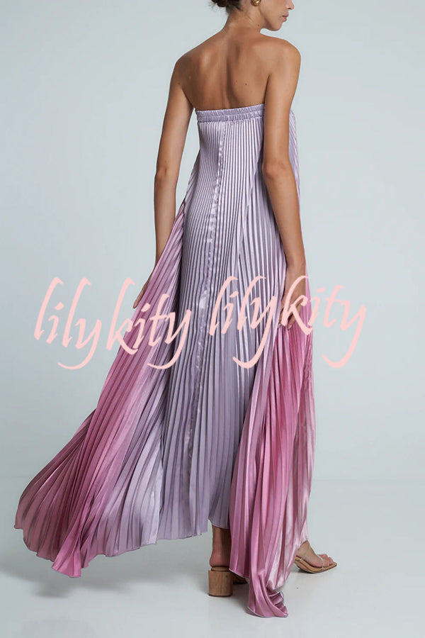 Gorgeous Styling Satin Pleated Elastic Bust Strapless A-line Gown Maxi Dress