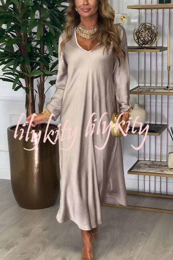 Solid Color V-neck Long-sleeved Loose Draped Maxi Dress