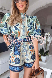 Elouise Linen Blend Unique Print Button Puff Sleeves Tie-up Pocketed Romper