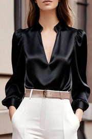 Solid Color Satin V-neck Long-sleeved Casual Shirt