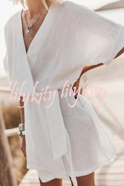 Breezy Retreat Cotton Linen Blend Pocketed Belt Kimono Mini Dress