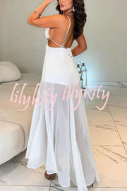 Sweet Daydream Cutout Back Tie-up Design Tulle Patchwork Maxi Dress