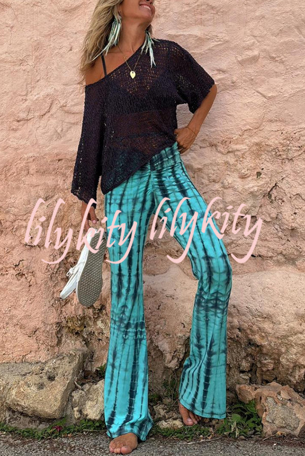 Balvin Tie Dye Print Ruched Lace-up Waist Stretch Flare Pants