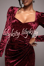 Solid Color Velvet Long-sleeved Slim-fit Slit Midi Dress