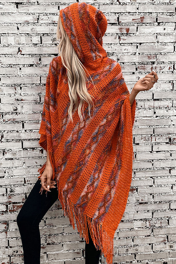 Stylish Colorful Striped Tassel Hem Knitted Hooded Shawl Cape