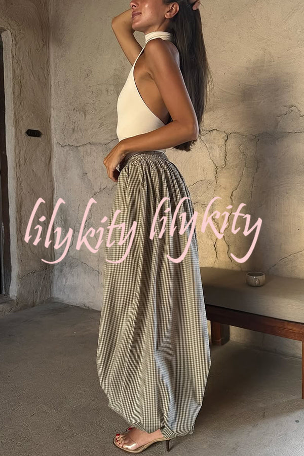 Fashion Plaid Print Elastic Waist Pocket Loose Wide-leg Pants