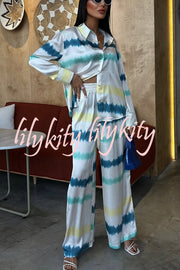 Lizbeth Satin Tie Dye Print Long Sleeve Shirt and Elastic Waist Pocketed Pants Set