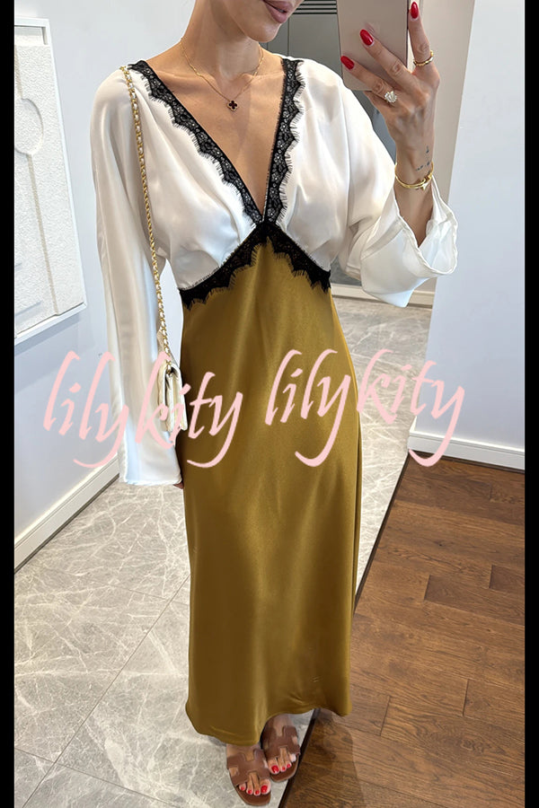 Lainei Contrast Color Satin Lace Trim V-neck Long Sleeve Maxi Dress