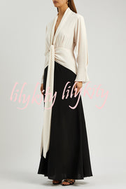 Fashion Contrast Color V-neck Tie High Waist Drape Maxi Dress