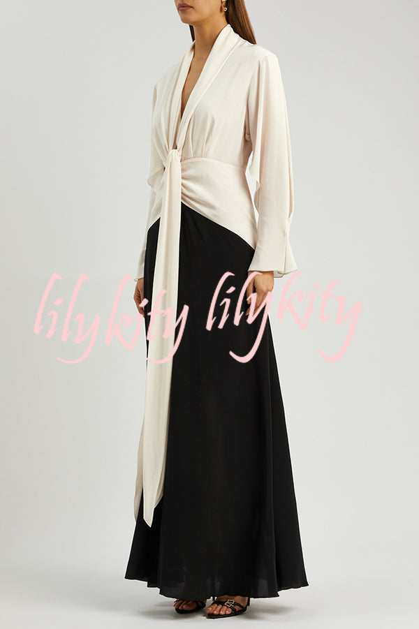Fashion Contrast Color V-neck Tie High Waist Drape Maxi Dress