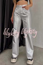 Stylish Metallic Fabric Pocket Casual Straight Wide-Leg Pants