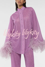 Glitter Fabric Feather Trim Long Sleeve Button Top and Elastic Waist Loose Straight Pants Set