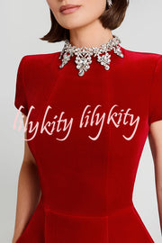 Regan Luxurious Velvet Jewel-encrusted Turtleneck Short Sleeve Pocket Tulip Mini Dress