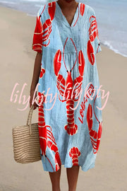 Unique Marine Print V-neck Short-sleeved Midi Dress