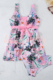 Cheerful Floral Print Bow Detail Tankini Swimsuit Set