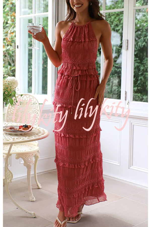 Feel Chic and Romantic Sequin Textured Material Drawstring Waist Tiered Maxi Skirt