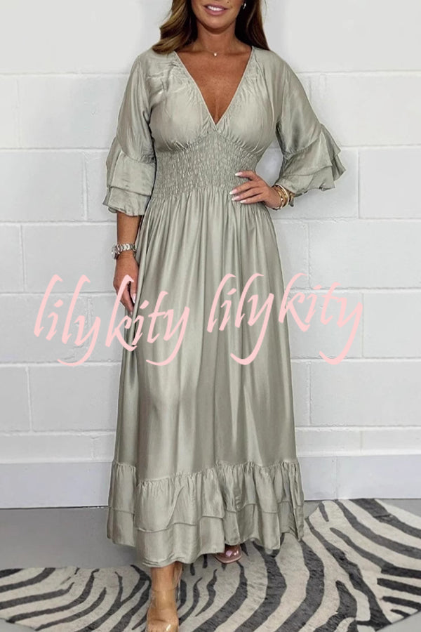 Solid Satin V-Neck Ruffle Sleeve Pleated Waist Maxi Dress