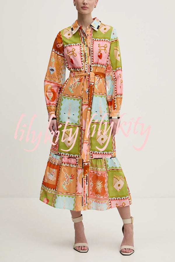 Linen Blend Unique Printed Long Sleeve Lapel Tie-waist Midi Dress