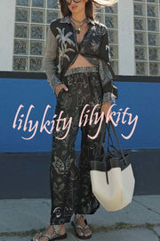 Black Magic Satin Unique Print Long Sleeve Blouse and Elastic Waist Pocket Wide Leg Pants Set
