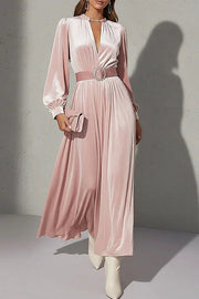 Solid Color Velvet V-neck Long-sleeved Belted Elegant Maxi Dress