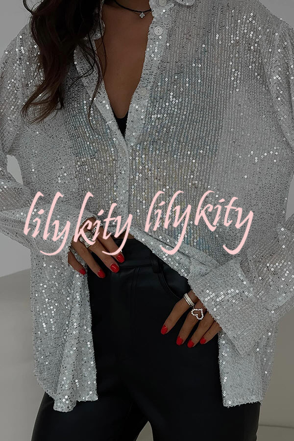 Fashion Sequin Lapel Long Sleeve Loose Shirt