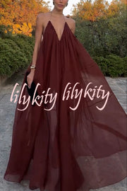 Flowing Lightweight Chiffon Chain Halter Neck Detail Backless A-line Maxi Dress