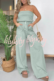 Casually Chic Off Shoulder Drawstring Waist Pocketed Wide Leg Jumpsuit