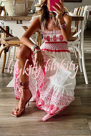 Malibu Villa Ethnic Printed Smocked Shoulder Tie Maxi Dress