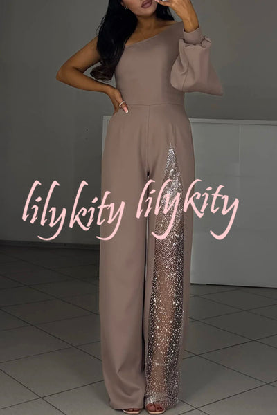 Carlisle One Shoulder Slit Lantern Sleeve Sequin Patchwork Wide Leg Party Jumpsuit