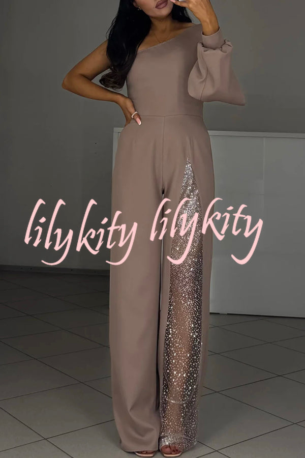 Carlisle One Shoulder Slit Lantern Sleeve Sequin Patchwork Wide Leg Party Jumpsuit