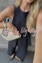Solid Color Round Neck Sleeveless Casual Top and Loose Straight Pants Set